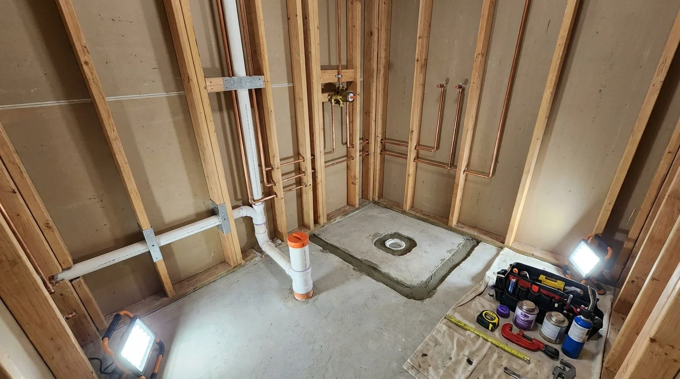 Bathroom rough-in plumbing during remodel by Johns Plumbing LLC in Angier