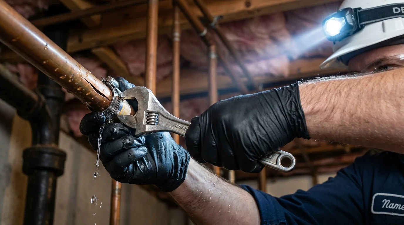 Emergency pipe clamp repair being performed by a Johns Plumbing LLC plumber in Angier
