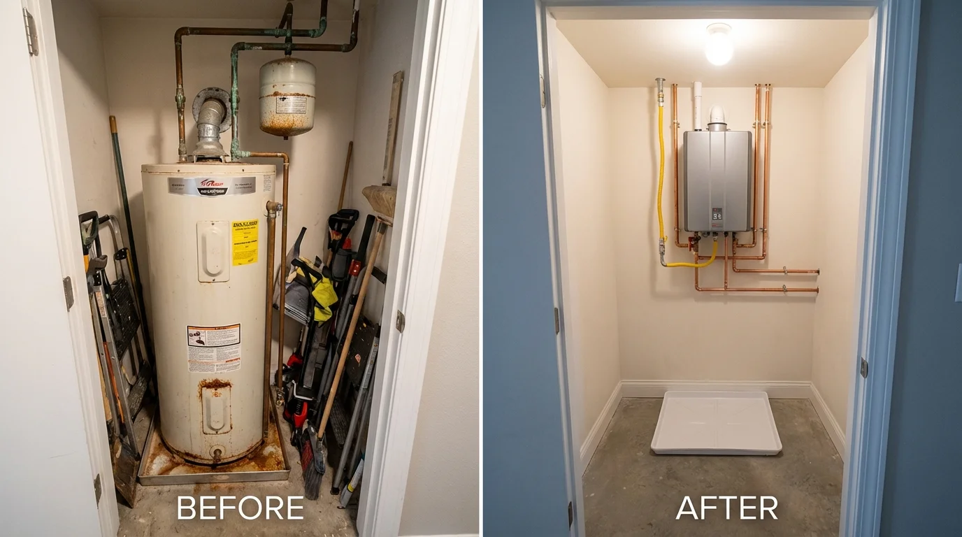 Tank water heater versus wall-mounted tankless unit comparison for Angier, NC homeowners