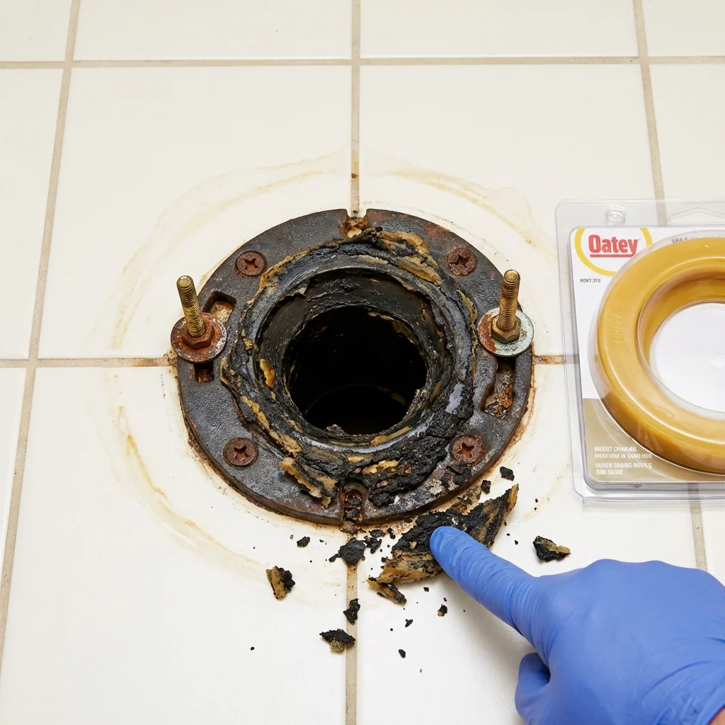Failed wax ring showing water seepage at the base of a toilet in a Angier, NC home
